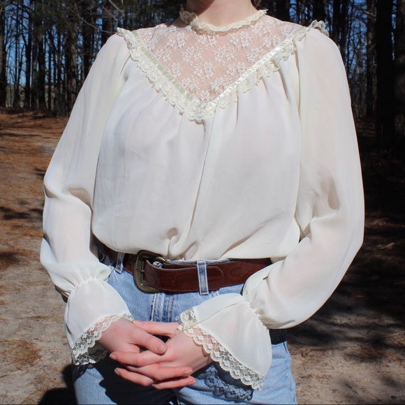 Vintage Tops - Vintage 1960s Lace Vneck Sheer Blouse